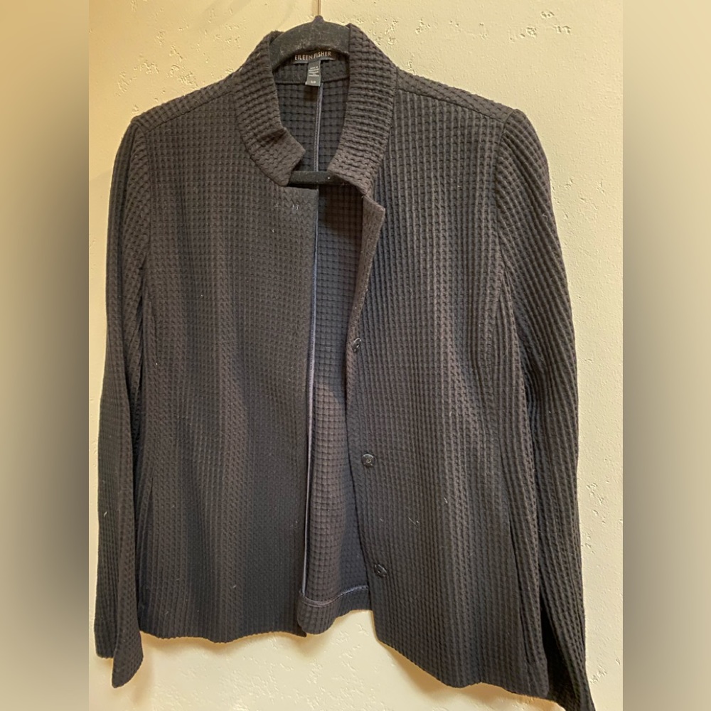 Black Eileen Fisher waffle knit jacket with snaps. Size Small / Petite